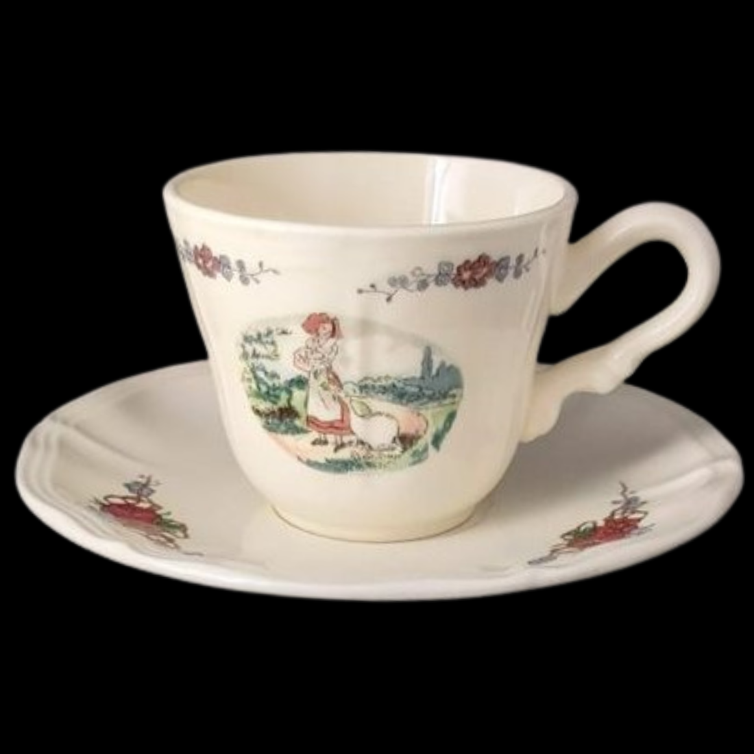 Sarreguemines Obernai France: Kaffeetasse / Tasse mit Unterteller - Gans (15239183008068)