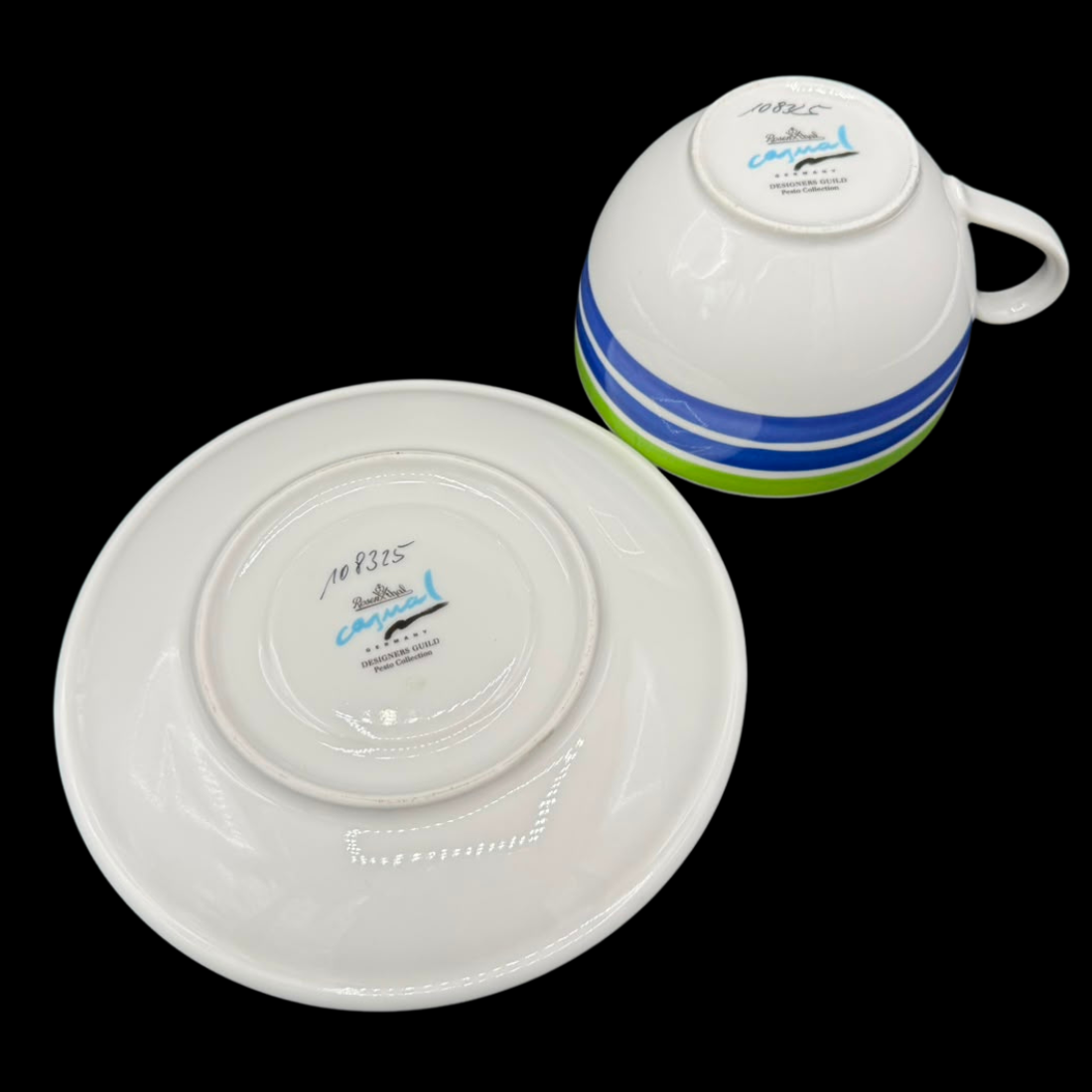 Rosenthal Casual: Jumbotasse / Frühstückstasse / Cappuccinotasse mit Unterteller - Pesto Stripes
