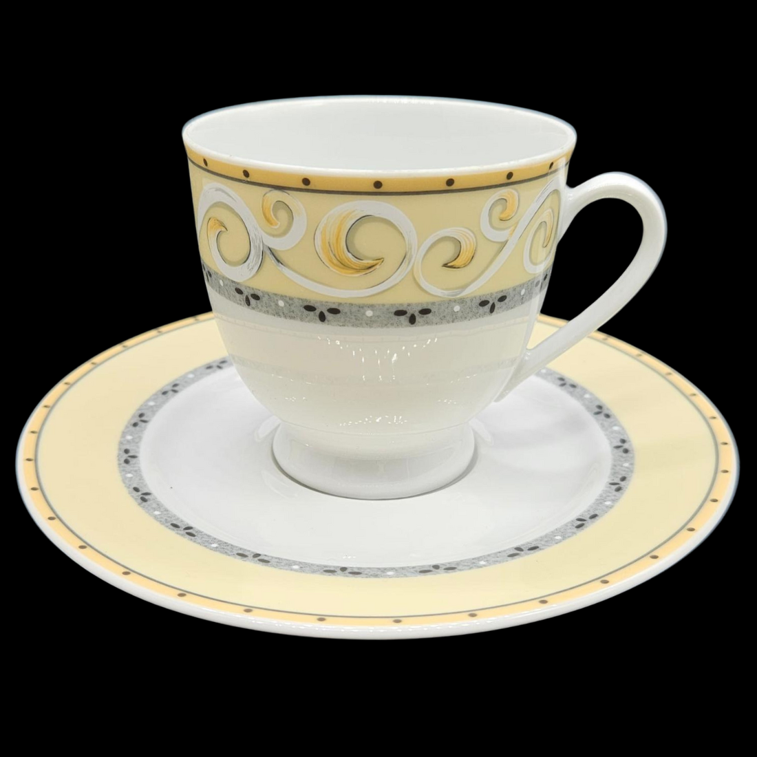 Winterling Ornamente gelb: Kaffeetasse / Tasse mit Unterteller (15007436734788)