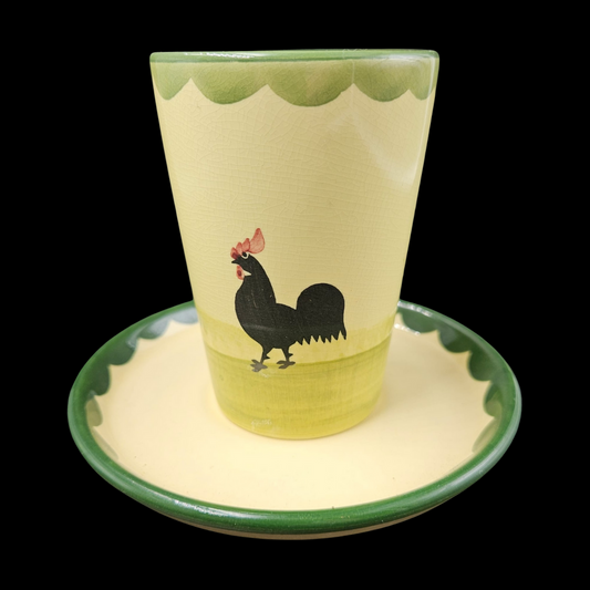 Zeller Keramik Hahn und Henne: Becher / Trinkbecher / Saftbecher mit Unterteller (9101414269252)