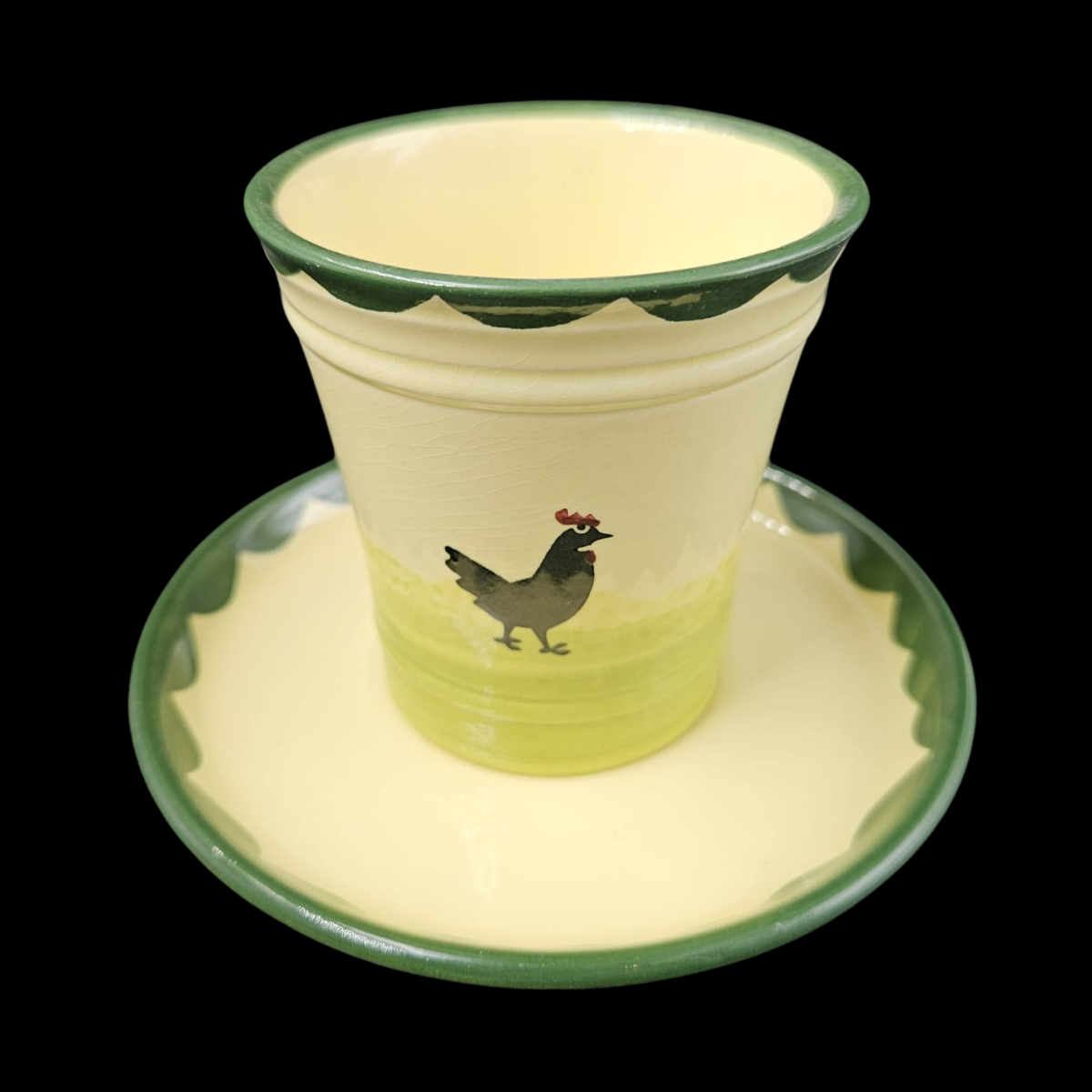 Zeller Keramik Hahn und Henne: Becher / Trinkbecher / Saftbecher mit Unterteller (mit Rillen) (9101418266948)