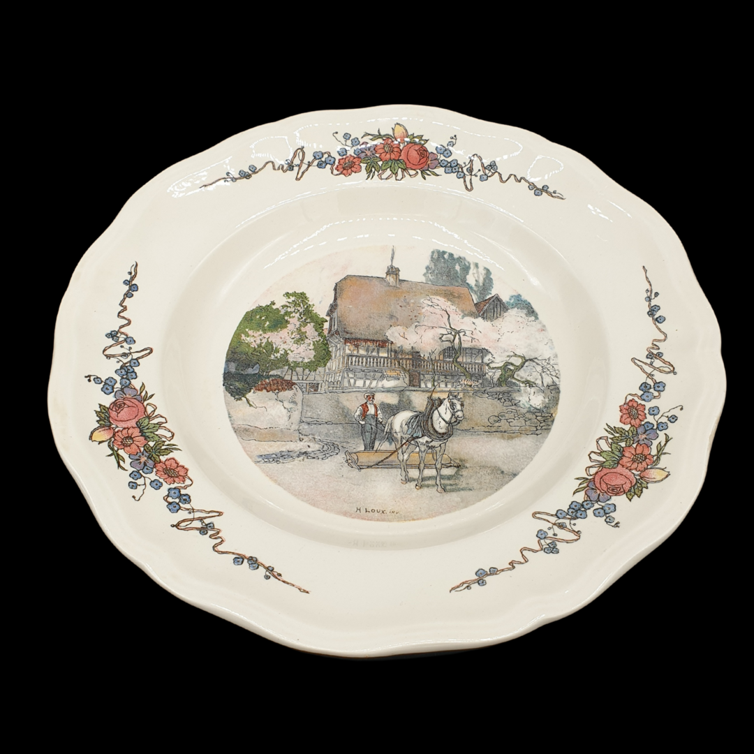 Sarreguemines Obernai France: Suppenteller / tiefer Teller - Pflug (Beschreibung) (15239118225732)