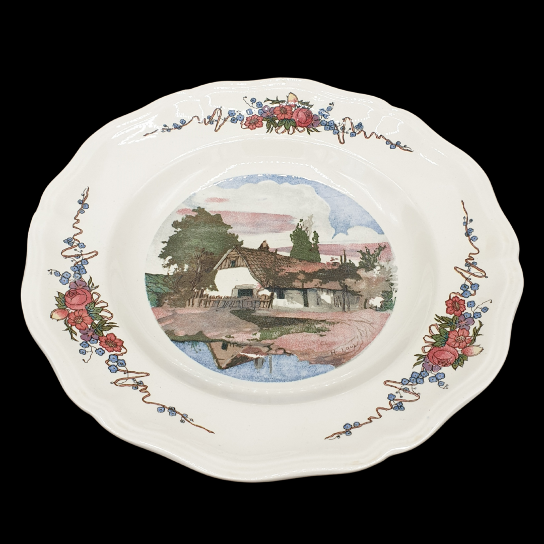 Sarreguemines Obernai France: Suppenteller / tiefer Teller - Bauernhaus - Beschreibung (15239121895748)