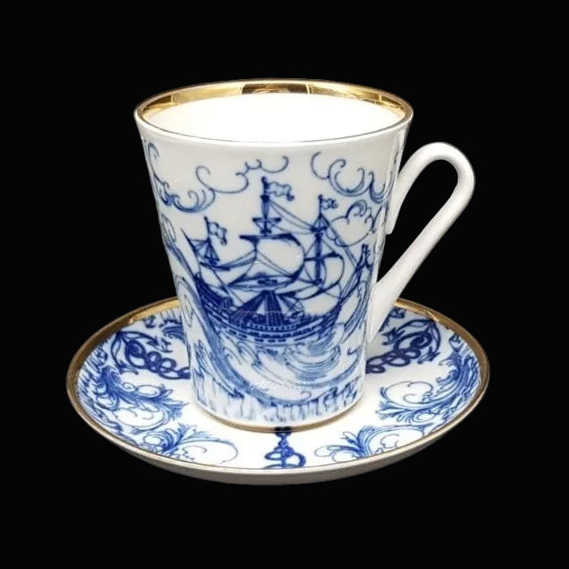 Lomonosov Russland: Kaffeebecher / Henkelbecher mit Unterteller (Segelschiff) Lomonosov (7120768008329)