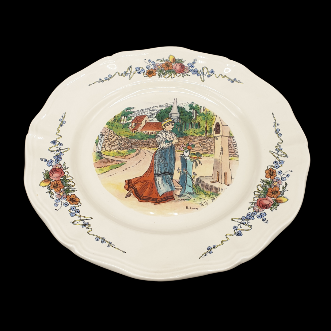 Sarreguemines Obernai France: Speiseteller / flacher Teller - Frau im Gebet Sarreguemines (7121091592329)