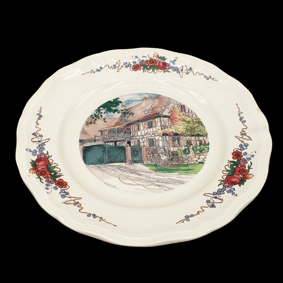 Sarreguemines Obernai France: Speiseteller / flacher Teller - Haustor, 2. Wahl Sarreguemines (7121091788937)