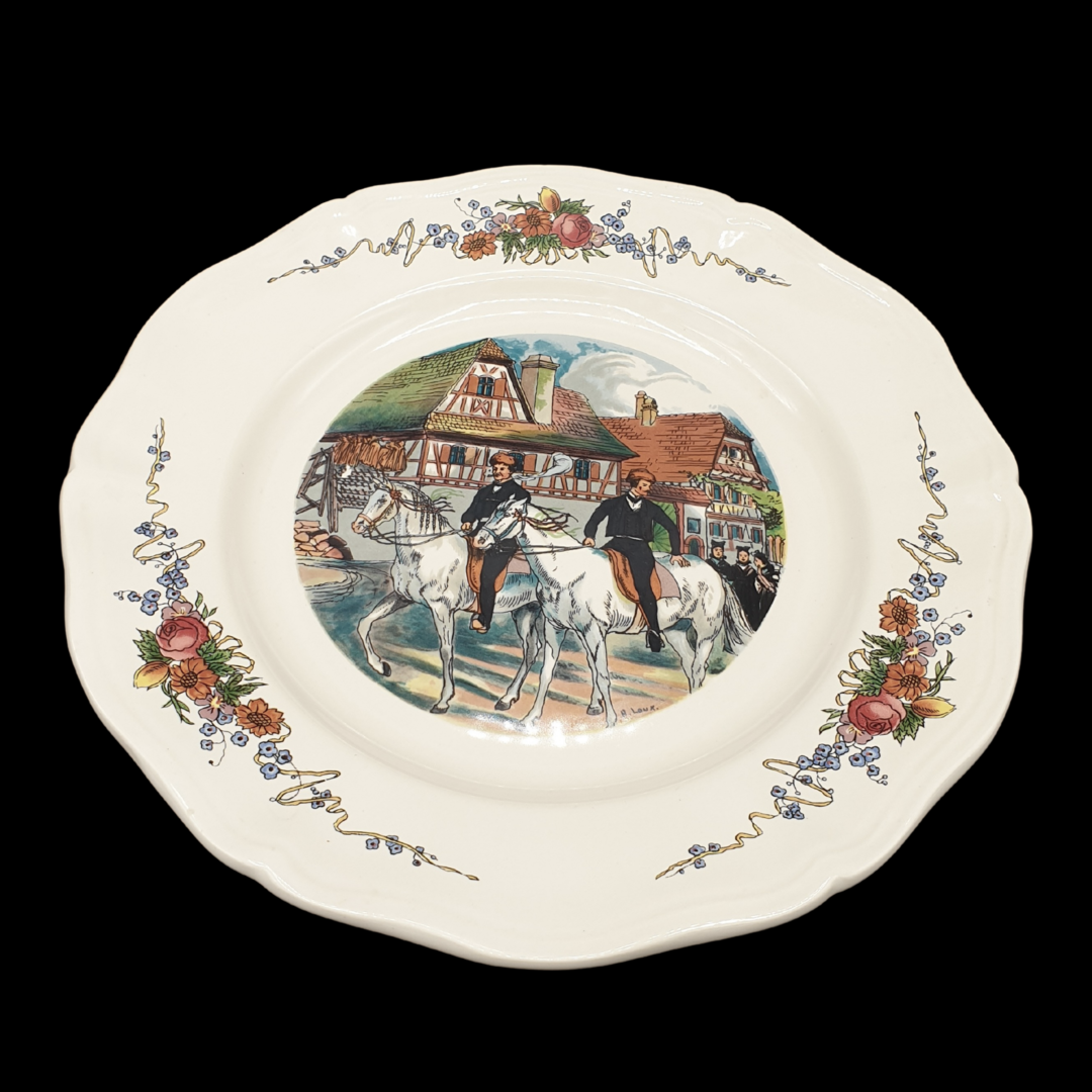 Sarreguemines Obernai France: Speiseteller / flacher Teller - Reiter - spiegelverkehrt Sarreguemines (7121091690633)