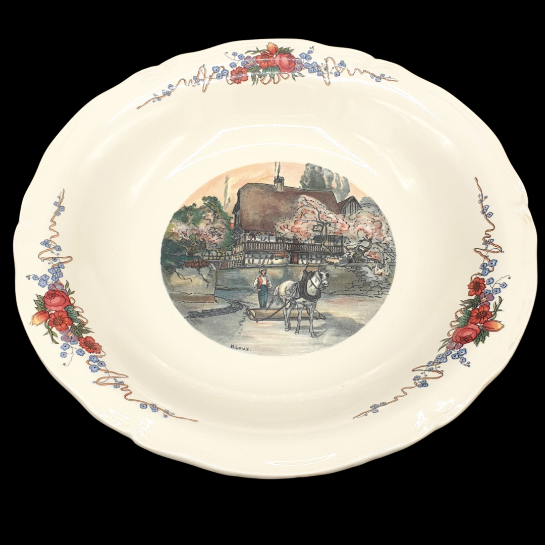 Sarreguemines Obernai France: Schüssel / Servierschüssel, rund - 27 cm - Mann mit Pferd Obernai (7120714334345)