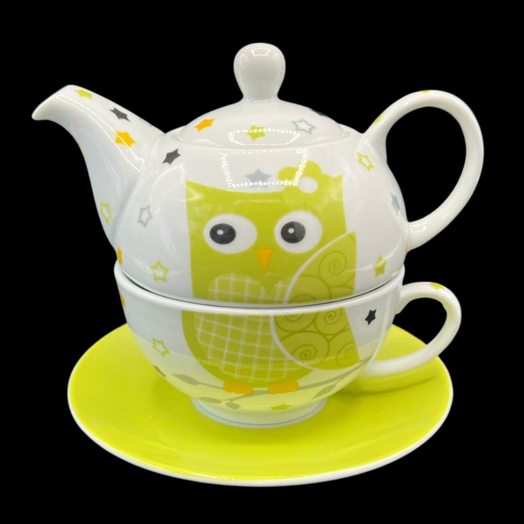 Tea for one / Teekanne mit Tasse und Unterteller - grün mit Eule - neu und unbenutzt