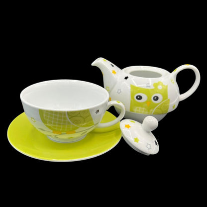 Tea for one / Teekanne mit Tasse und Unterteller - grün mit Eule - neu und unbenutzt