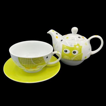 Tea for one / Teekanne mit Tasse und Unterteller - grün mit Eule - neu und unbenutzt