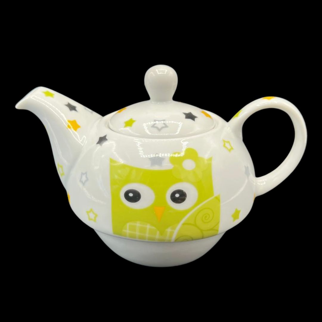 Tea for one / Teekanne mit Tasse und Unterteller - grün mit Eule - neu und unbenutzt