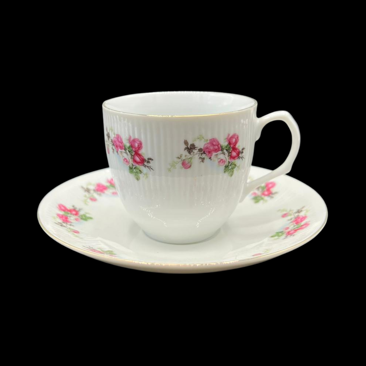 Florales Rosen-Dekor (Made in China): Mokkatasse / Espressotasse mit Unterteller