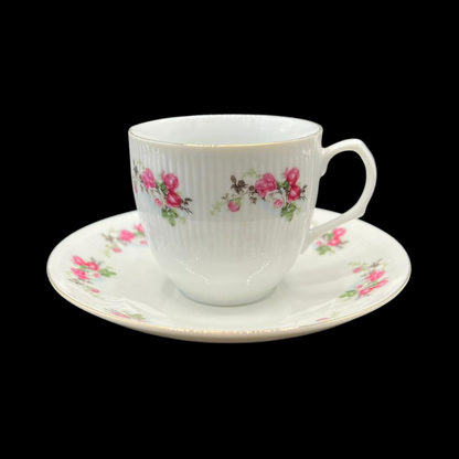 Florales Rosen-Dekor (Made in China): Mokkatasse / Espressotasse mit Unterteller