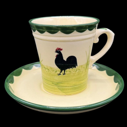 Zeller Keramik Hahn und Henne: Kaffeebecher / Kaffeetasse mit Unterteller - 8 cm (Beschreibung)