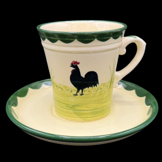 Zeller Keramik Hahn und Henne: Kaffeebecher / Kaffeetasse mit Unterteller - 8 cm (Beschreibung)