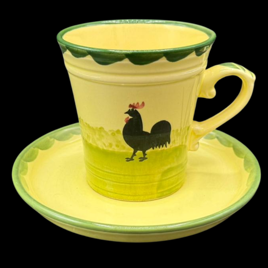Zeller Keramik Hahn und Henne: Kaffeebecher / Kaffeetasse mit Unterteller - 8 cm (Beschreibung)