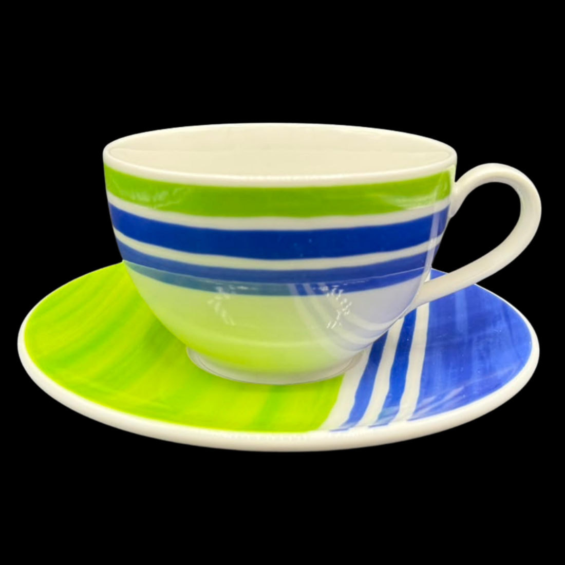 Rosenthal Casual: Jumbotasse / Frühstückstasse / Cappuccinotasse mit Unterteller - Pesto Stripes