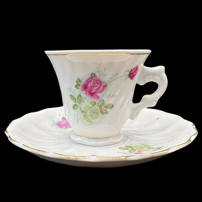 Florales Rosen-Muster mit Zierrand (Made in China): Mokkatasse / Espressotasse mit Unterteller