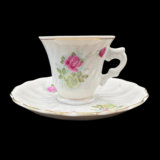 Florales Rosen-Muster mit Zierrand (Made in China): Mokkatasse / Espressotasse mit Unterteller