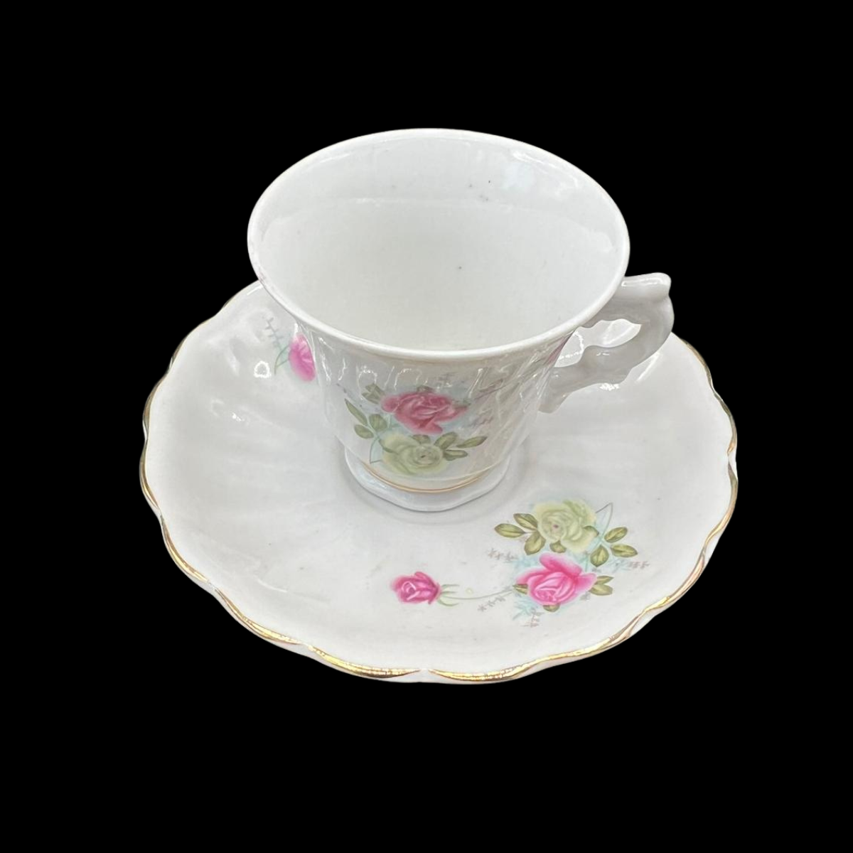 Florales Rosen-Muster mit Zierrand (Made in China): Mokkatasse / Espressotasse mit Unterteller