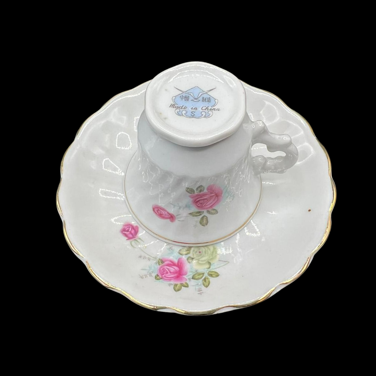 Florales Rosen-Muster mit Zierrand (Made in China): Mokkatasse / Espressotasse mit Unterteller