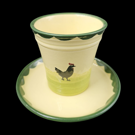 Zeller Keramik Hahn und Henne: Becher / Trinkbecher / Saftbecher mit Unterteller (mit Rillen) (9101418266948)