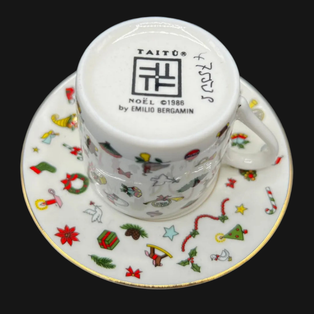 Emilio Bergamin Taitu / Taitù Noël: Mokkatasse / Espressotasse / Tasse mit Unterteller 1986