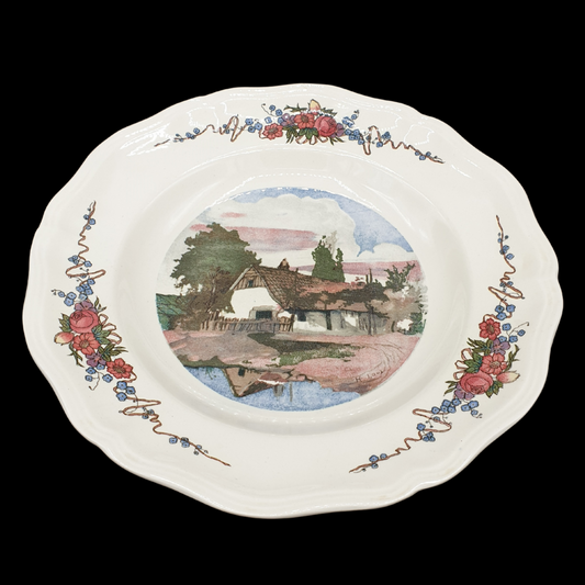 Sarreguemines Obernai France: Suppenteller / tiefer Teller - Bauernhaus - Beschreibung (15239121895748)