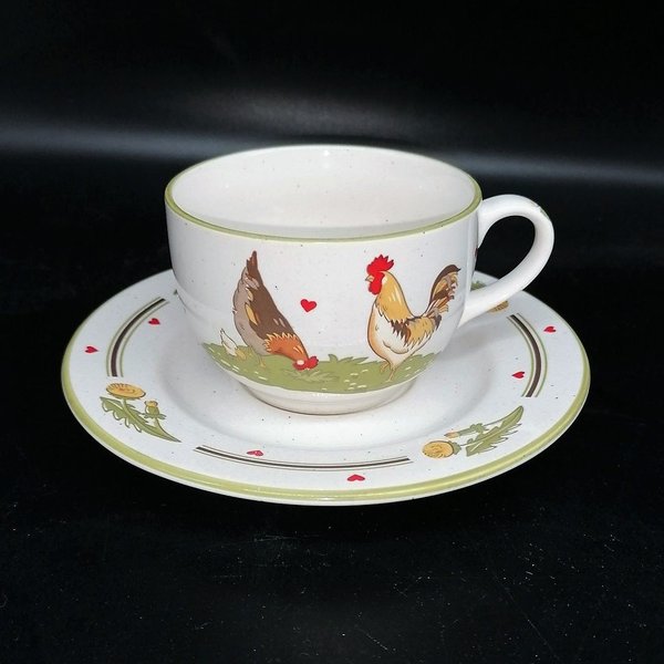 Pfalzkeramik Glückliche Hühner: Kaffeetasse / Teetasse mit Unterteller Motiv 1 Pfalzkeramik (7120811753609)