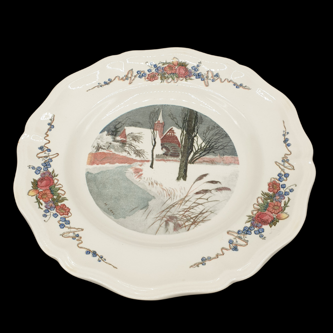 Sarreguemines Obernai France: Speiseteller / flacher Teller - Winterdorf (Beschreibung) Sarreguemines (7121092575369)